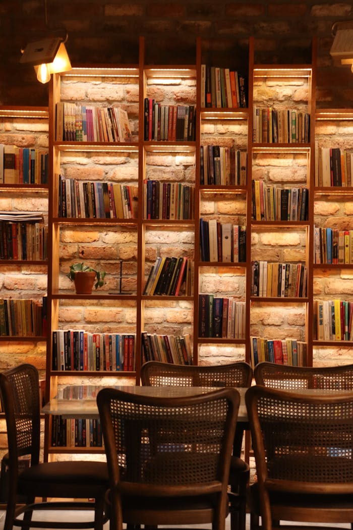 gallery-6 Warmly lit library with bookshelves and chairs, perfect for reading and study.