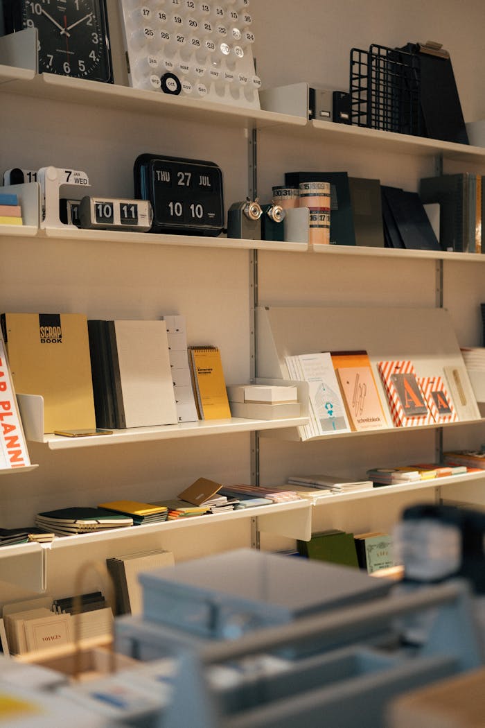 services-03 Explore a stylish bookshop interior featuring neatly arranged books and clocks. A perfect setting for design enthusiasts.