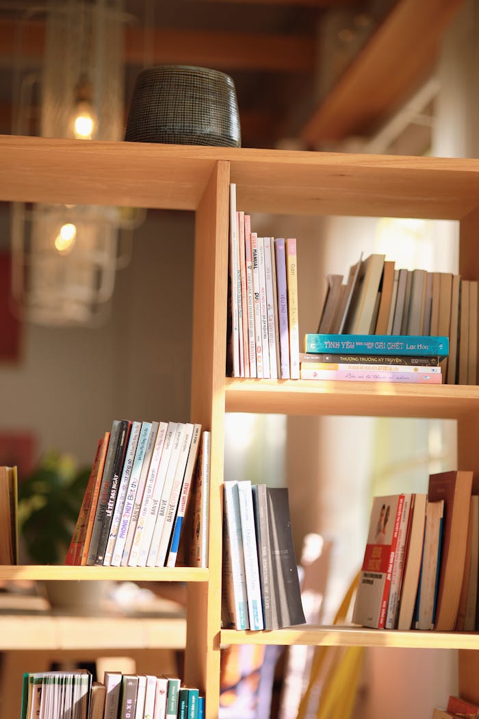 services-02 Wooden bookshelf with assorted books in a sunlit modern library